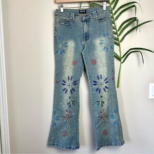 Y2K Exess NY Embroidered Low Rise Flare Jeans